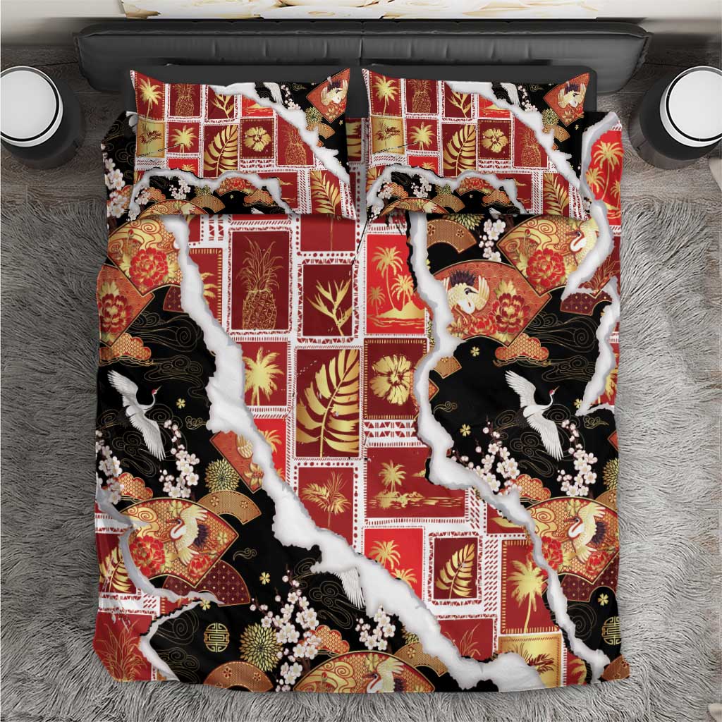 Hawaii Japanese Culture Black Bedding Set Spring Cranes Aloha Pattern