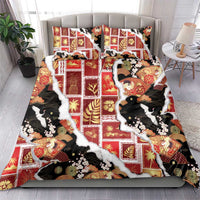 Hawaii Japanese Culture Black Bedding Set Spring Cranes Aloha Pattern