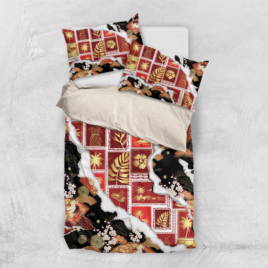 Hawaii Japanese Culture Black Bedding Set Spring Cranes Aloha Pattern