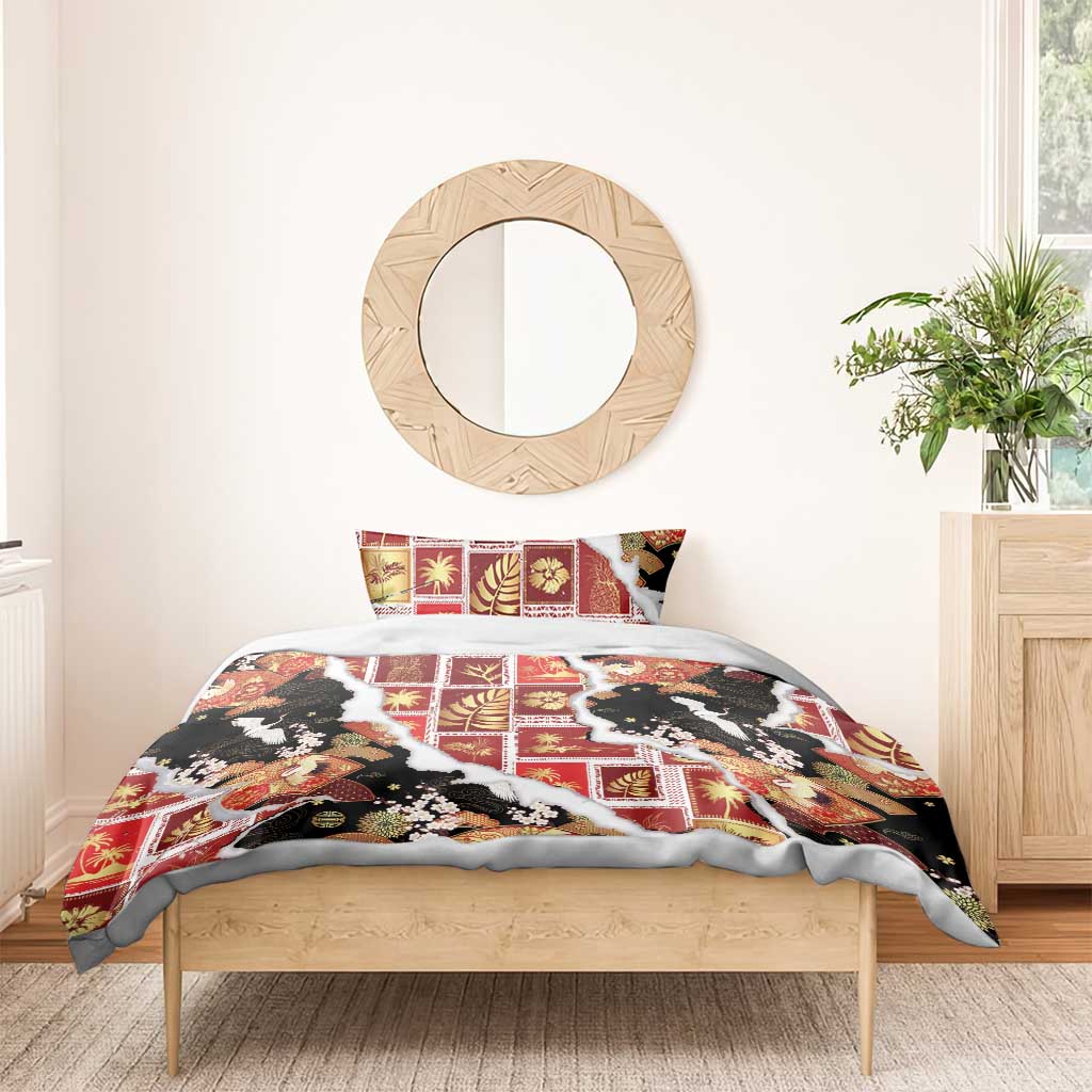 Hawaii Japanese Culture Black Bedding Set Spring Cranes Aloha Pattern