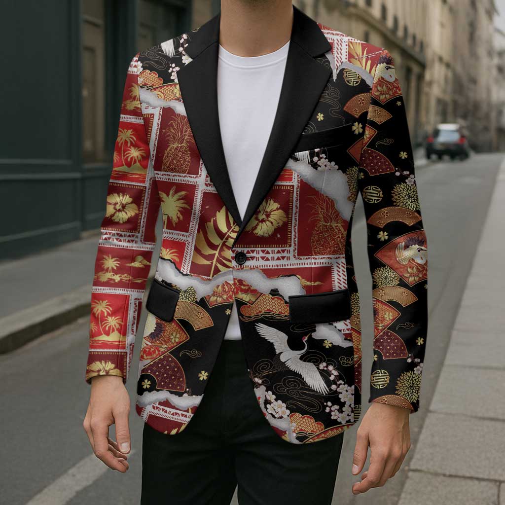 Hawaii Japanese Culture Black Blazer Spring Cranes Aloha Pattern