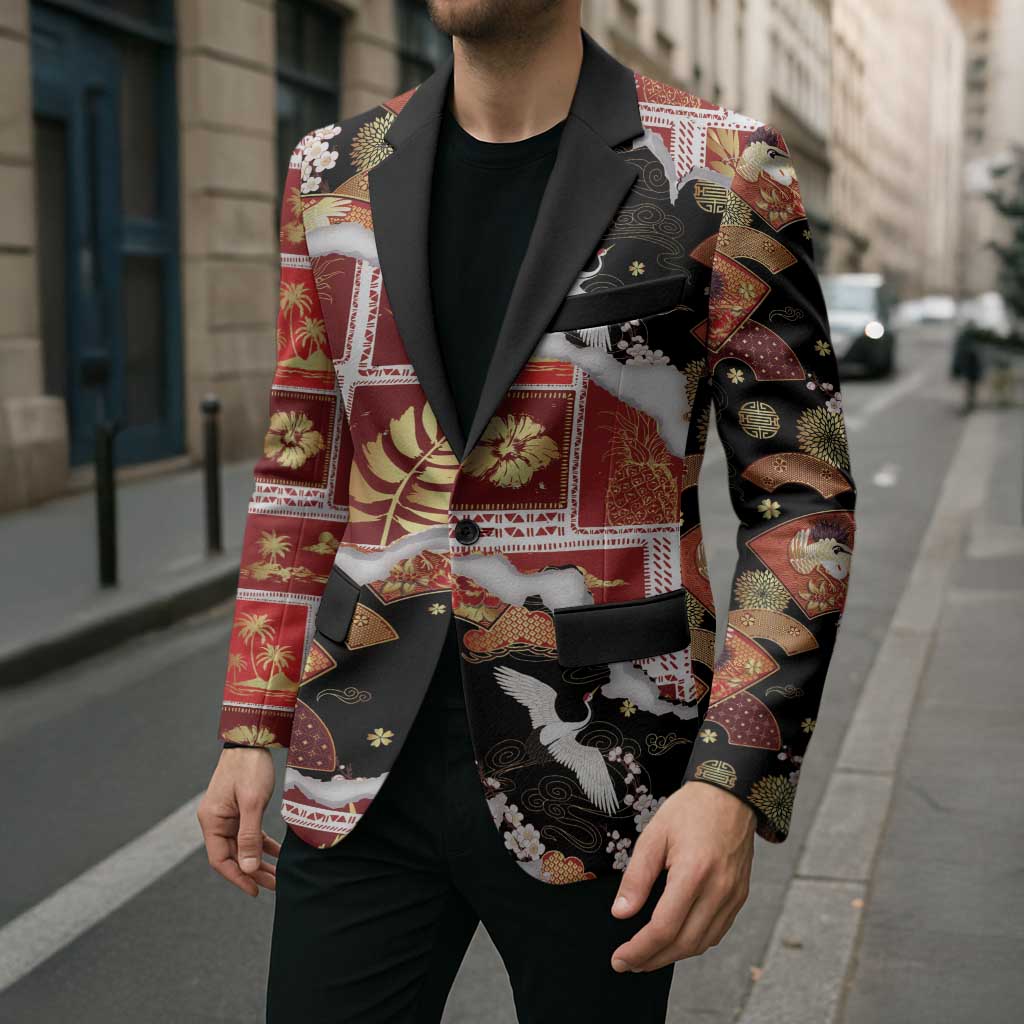 Hawaii Japanese Culture Black Blazer Spring Cranes Aloha Pattern