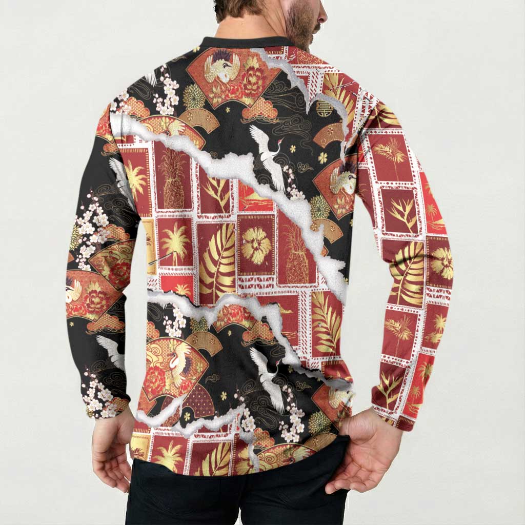 Hawaii Japanese Culture Black Button Sweatshirt Spring Cranes Aloha Pattern