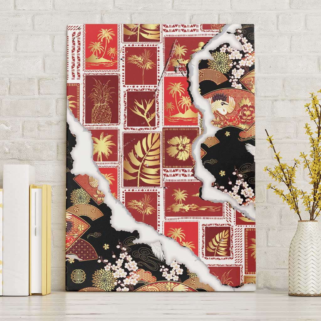 Hawaii Japanese Culture Black Canvas Wall Art Spring Cranes Aloha Pattern