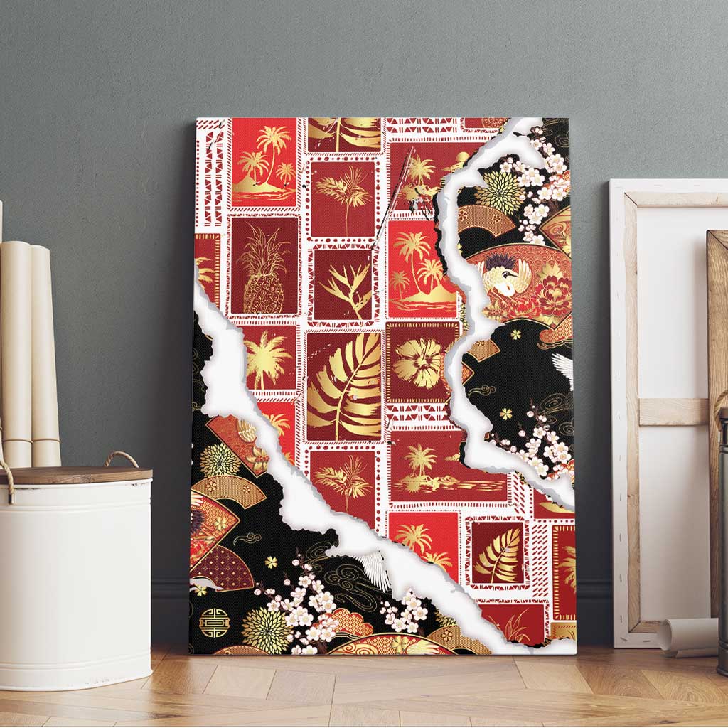 Hawaii Japanese Culture Black Canvas Wall Art Spring Cranes Aloha Pattern