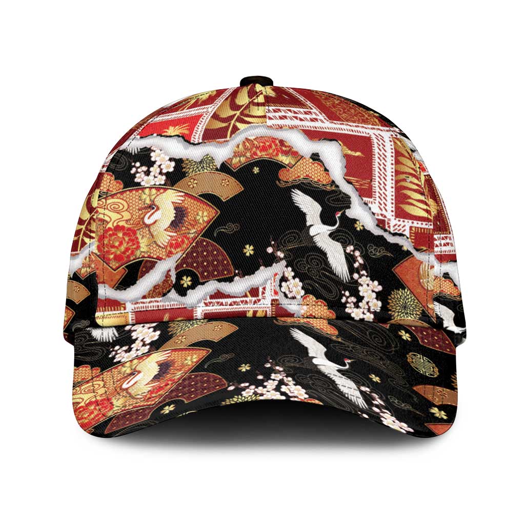 Hawaii Japanese Culture Black Classic Cap Spring Cranes Aloha Pattern
