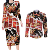 Hawaii Japanese Culture Black Couples Matching Long Sleeve Bodycon Dress and Long Sleeve Button Shirt Spring Cranes Aloha Pattern
