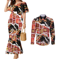 Hawaii Japanese Culture Black Couples Matching Mermaid Dress and Long Sleeve Button Shirt Spring Cranes Aloha Pattern LT01 Black - Polynesian Pride