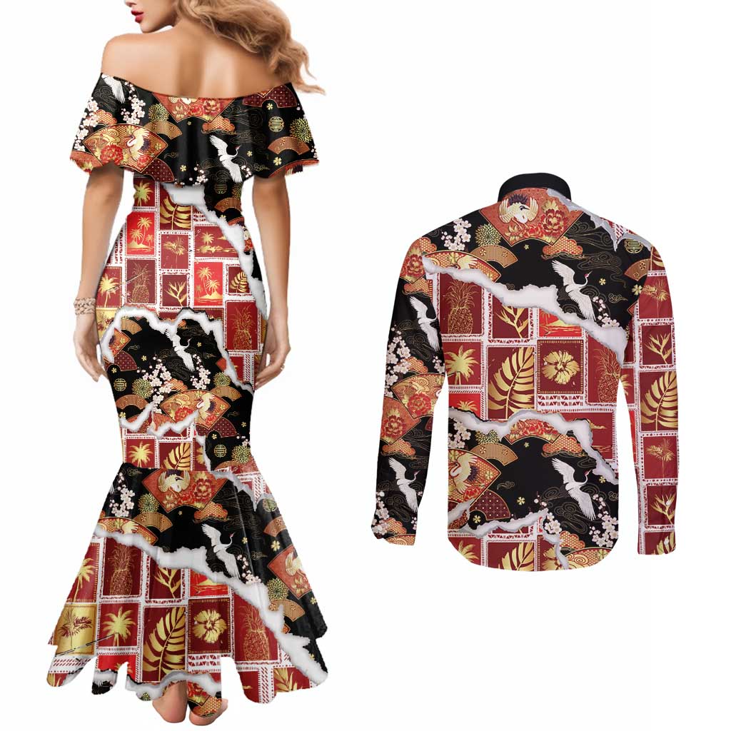 Hawaii Japanese Culture Black Couples Matching Mermaid Dress and Long Sleeve Button Shirt Spring Cranes Aloha Pattern LT01 - Polynesian Pride