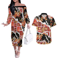 Hawaii Japanese Culture Black Couples Matching Off The Shoulder Long Sleeve Dress and Hawaiian Shirt Spring Cranes Aloha Pattern