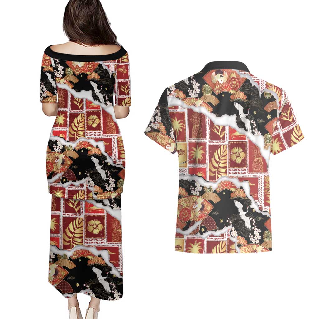 Hawaii Japanese Culture Black Couples Matching Puletasi and Hawaiian Shirt Spring Cranes Aloha Pattern