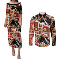 Hawaii Japanese Culture Black Couples Matching Puletasi and Long Sleeve Button Shirt Spring Cranes Aloha Pattern LT01 Black - Polynesian Pride
