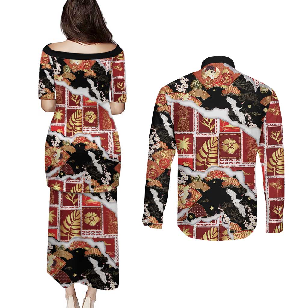 Hawaii Japanese Culture Black Couples Matching Puletasi and Long Sleeve Button Shirt Spring Cranes Aloha Pattern LT01 - Polynesian Pride