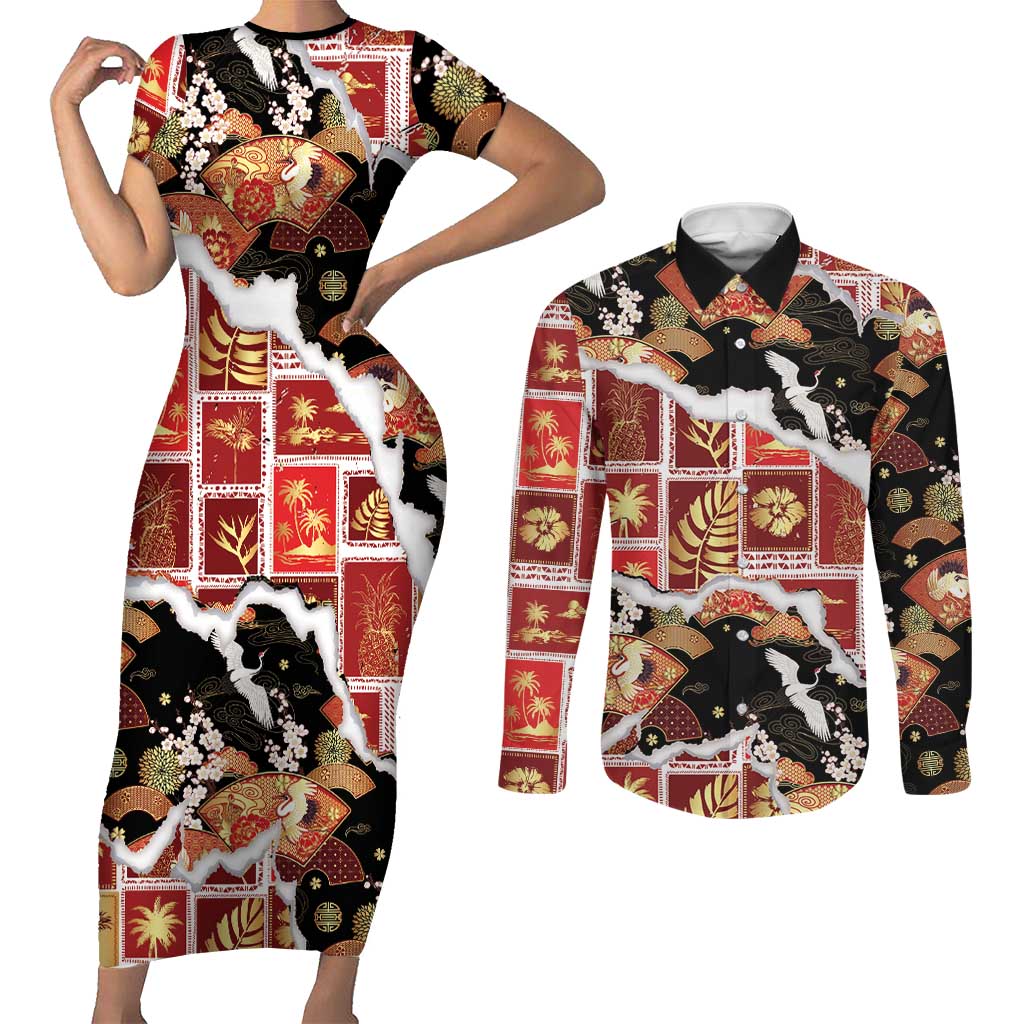 Hawaii Japanese Culture Black Couples Matching Short Sleeve Bodycon Dress and Long Sleeve Button Shirt Spring Cranes Aloha Pattern LT01 Black - Polynesian Pride