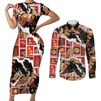 Hawaii Japanese Culture Black Couples Matching Short Sleeve Bodycon Dress and Long Sleeve Button Shirt Spring Cranes Aloha Pattern LT01 Black - Polynesian Pride