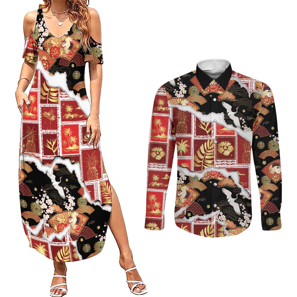 Hawaii Japanese Culture Black Couples Matching Summer Maxi Dress and Long Sleeve Button Shirt Spring Cranes Aloha Pattern