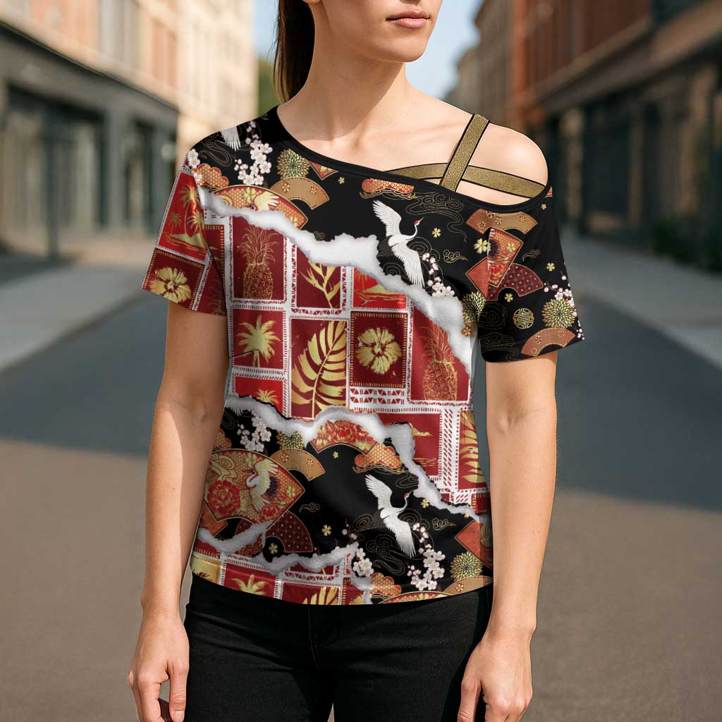 Hawaii Japanese Culture Black Cross Shoulder Shirt Spring Cranes Aloha Pattern