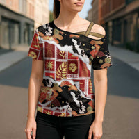 Hawaii Japanese Culture Black Cross Shoulder Shirt Spring Cranes Aloha Pattern