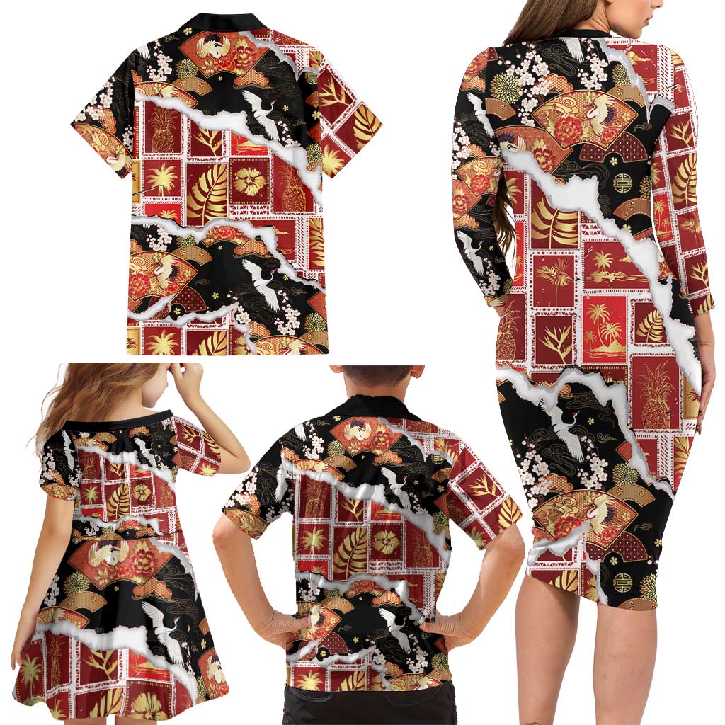 Hawaii Japanese Culture Black Family Matching Long Sleeve Bodycon Dress and Hawaiian Shirt Spring Cranes Aloha Pattern