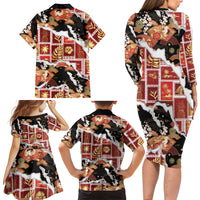 Hawaii Japanese Culture Black Family Matching Long Sleeve Bodycon Dress and Hawaiian Shirt Spring Cranes Aloha Pattern