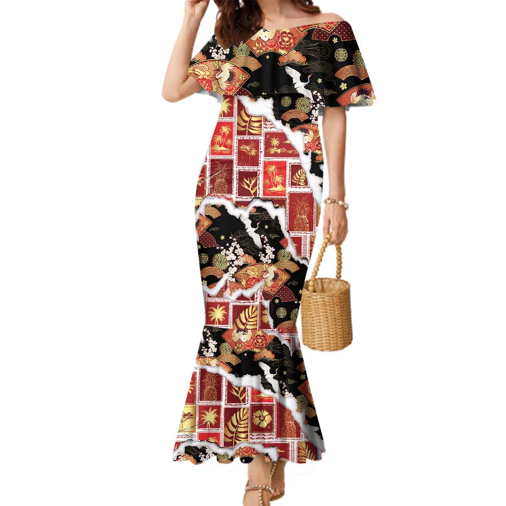 Hawaii Japanese Culture Black Family Matching Mermaid Dress and Hawaiian Shirt Spring Cranes Aloha Pattern