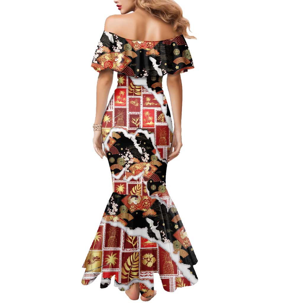 Hawaii Japanese Culture Black Family Matching Mermaid Dress and Hawaiian Shirt Spring Cranes Aloha Pattern