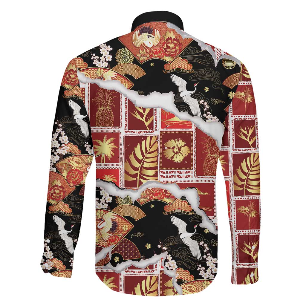 Hawaii Japanese Culture Black Family Matching Off The Shoulder Long Sleeve Dress and Hawaiian Shirt Spring Cranes Aloha Pattern