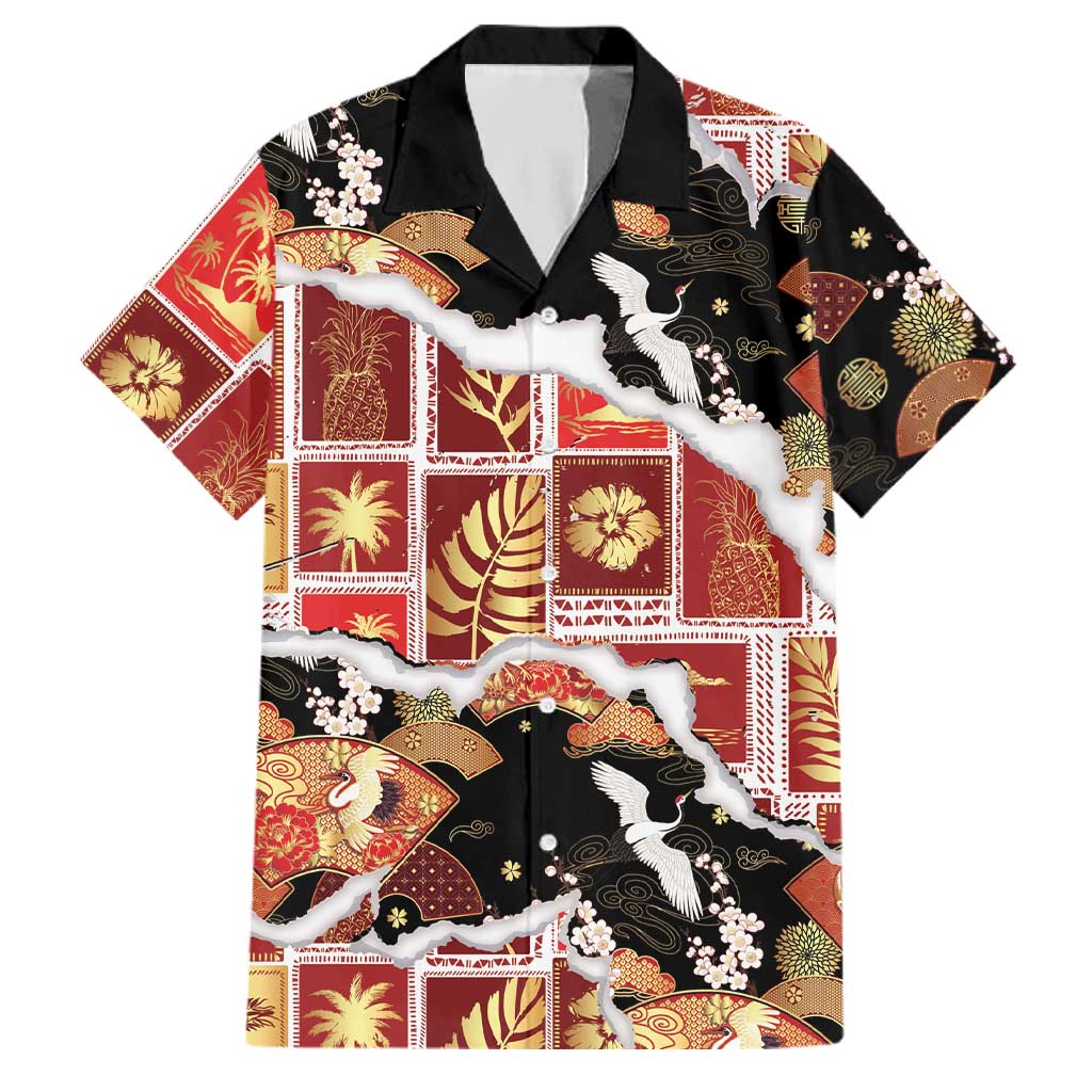 Hawaii Japanese Culture Black Family Matching Off Shoulder Maxi Dress and Hawaiian Shirt Spring Cranes Aloha Pattern