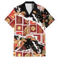 Hawaii Japanese Culture Black Family Matching Off Shoulder Short Dress and Hawaiian Shirt Spring Cranes Aloha Pattern