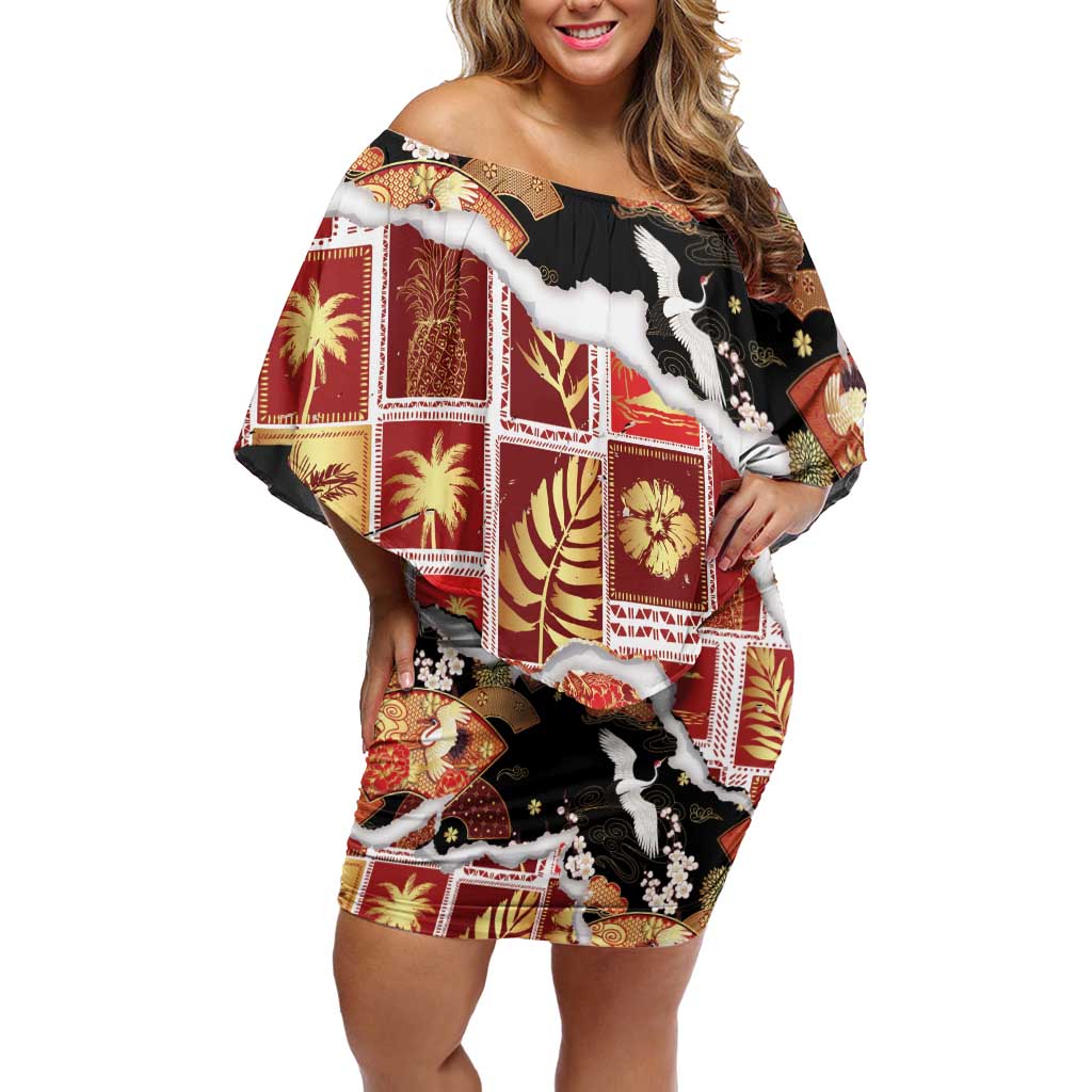 Hawaii Japanese Culture Black Family Matching Off Shoulder Short Dress and Hawaiian Shirt Spring Cranes Aloha Pattern