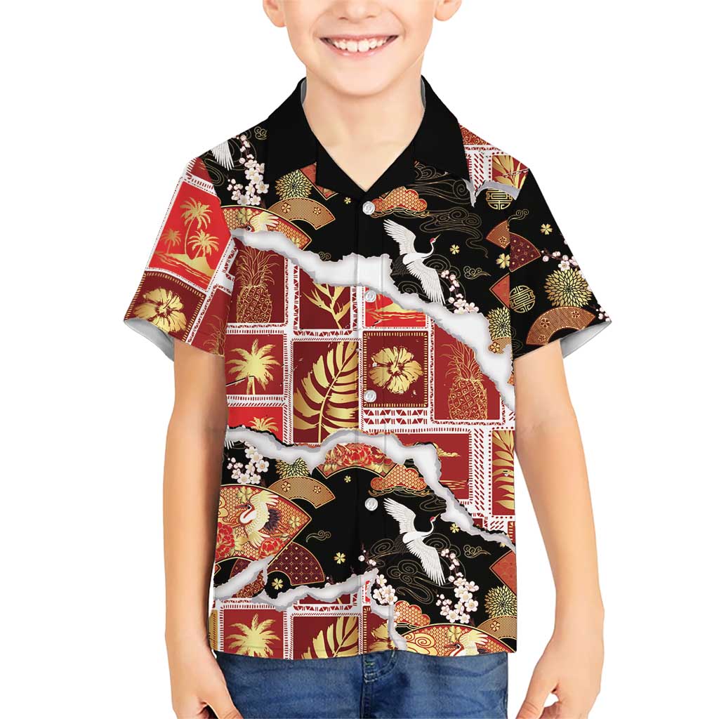 Hawaii Japanese Culture Black Family Matching Off Shoulder Short Dress and Hawaiian Shirt Spring Cranes Aloha Pattern