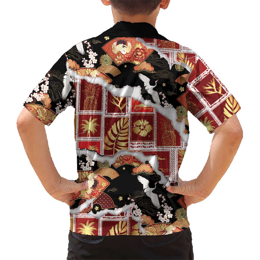 Hawaii Japanese Culture Black Family Matching Puletasi and Hawaiian Shirt Spring Cranes Aloha Pattern