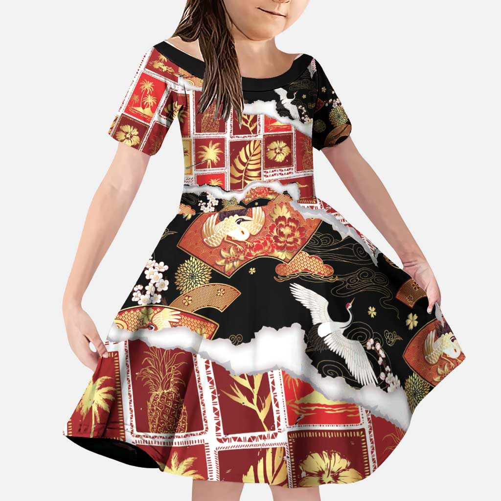 Hawaii Japanese Culture Black Family Matching Puletasi and Hawaiian Shirt Spring Cranes Aloha Pattern