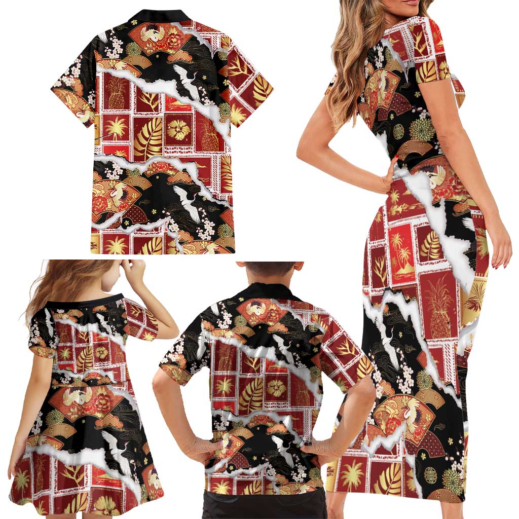 Hawaii Japanese Culture Black Family Matching Short Sleeve Bodycon Dress and Hawaiian Shirt Spring Cranes Aloha Pattern