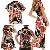 Hawaii Japanese Culture Black Family Matching Short Sleeve Bodycon Dress and Hawaiian Shirt Spring Cranes Aloha Pattern