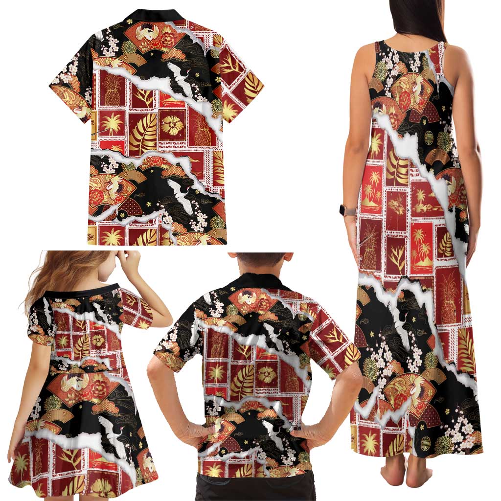 Hawaii Japanese Culture Black Family Matching Tank Maxi Dress and Hawaiian Shirt Spring Cranes Aloha Pattern