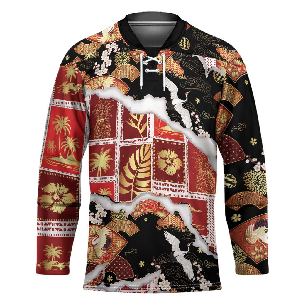 Hawaii Japanese Culture Black Hockey Jersey Spring Cranes Aloha Pattern