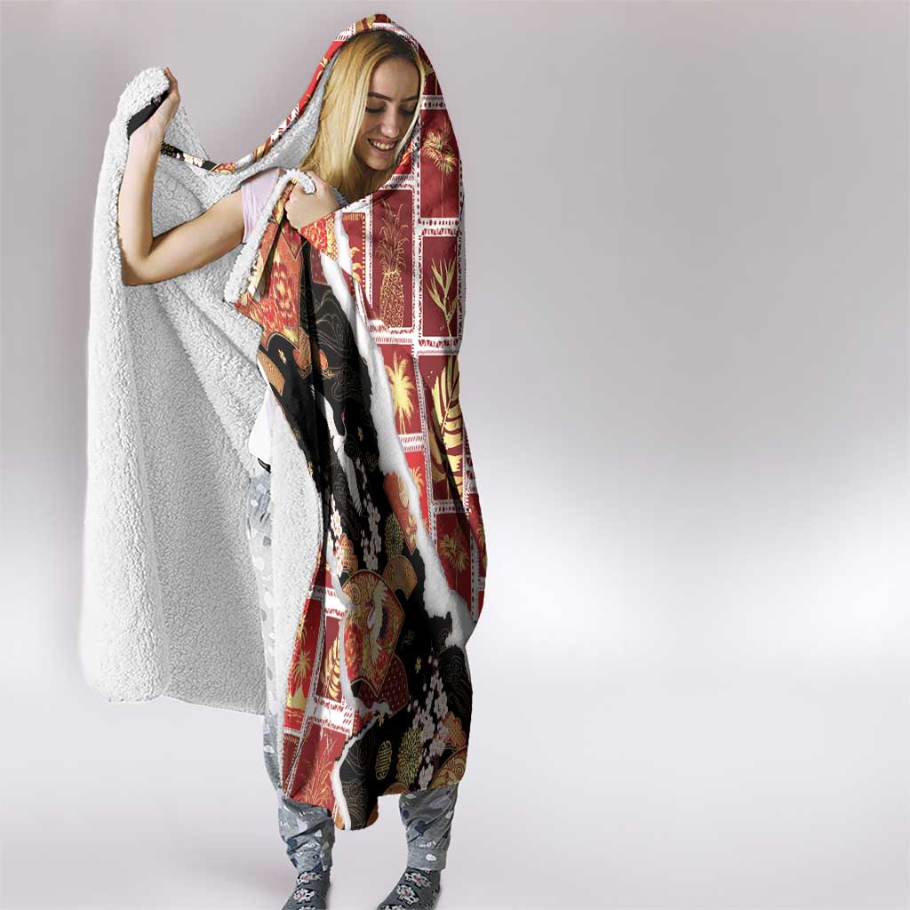 Hawaii Japanese Culture Black Hooded Blanket Spring Cranes Aloha Pattern
