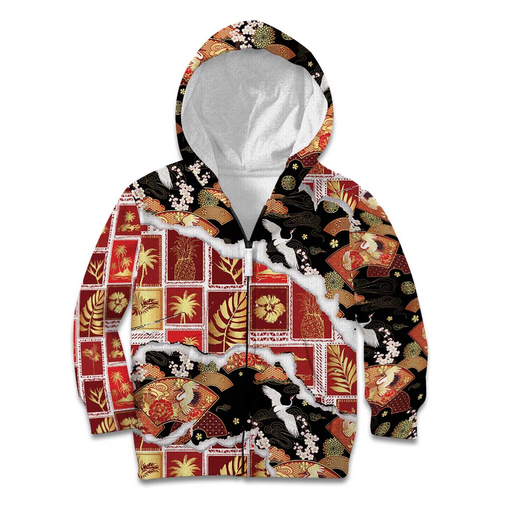 Hawaii Japanese Culture Black Kid Hoodie Spring Cranes Aloha Pattern