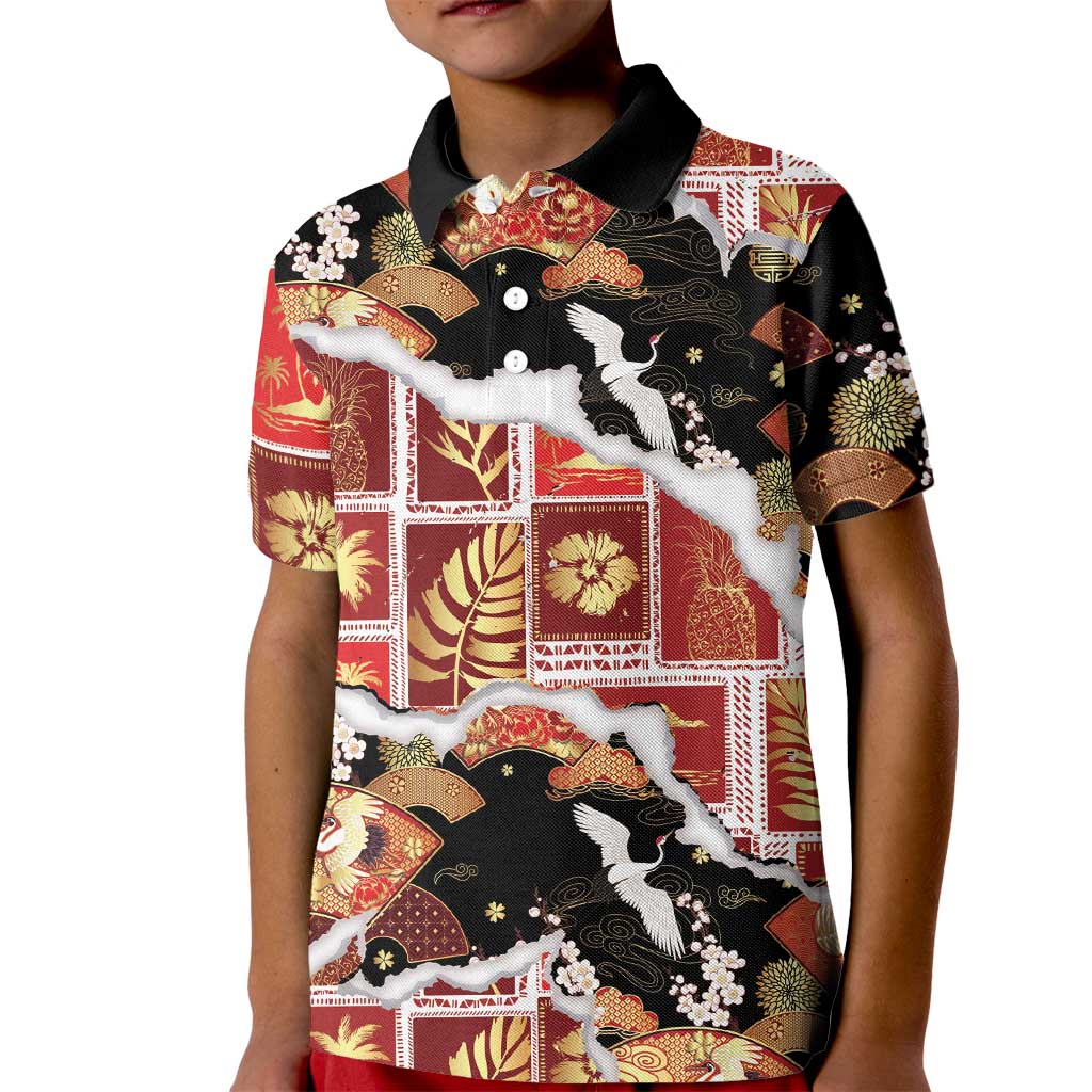 Hawaii Japanese Culture Black Kid Polo Shirt Spring Cranes Aloha Pattern