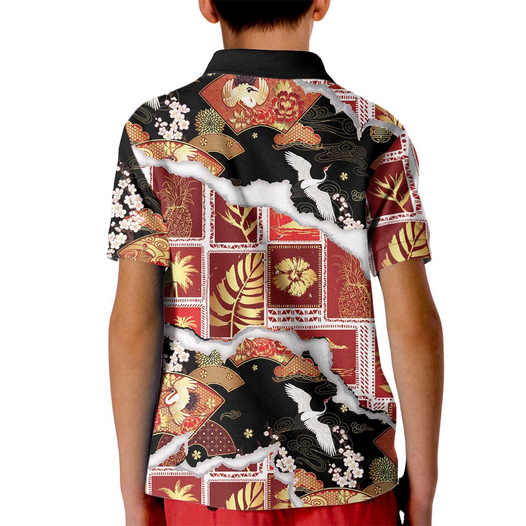 Hawaii Japanese Culture Black Kid Polo Shirt Spring Cranes Aloha Pattern