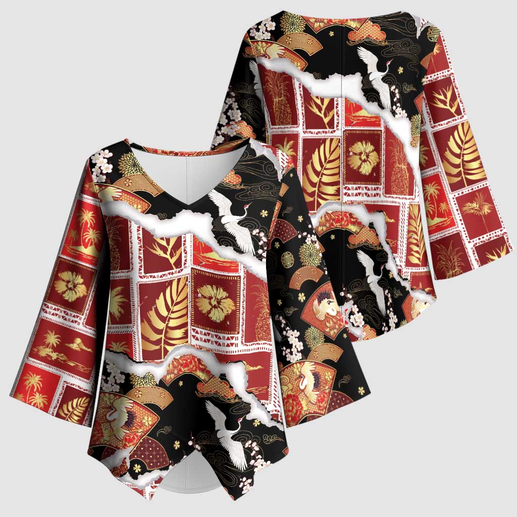 Hawaii Japanese Culture Black Kimono Sleeve Blouse Spring Cranes Aloha Pattern