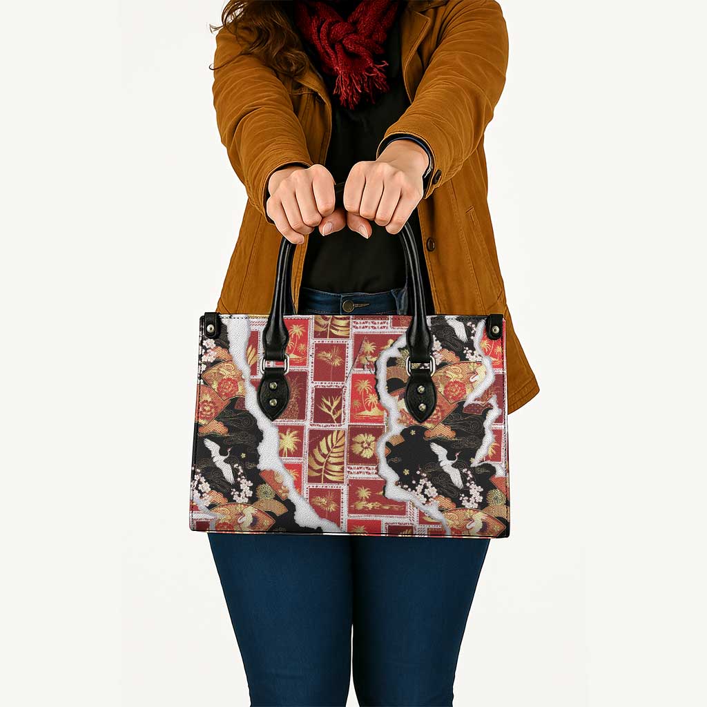 Hawaii Japanese Culture Black Leather Bag Spring Cranes Aloha Pattern