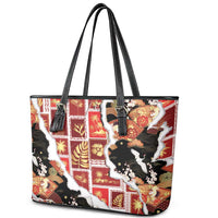 Hawaii Japanese Culture Black Leather Tote Bag Spring Cranes Aloha Pattern