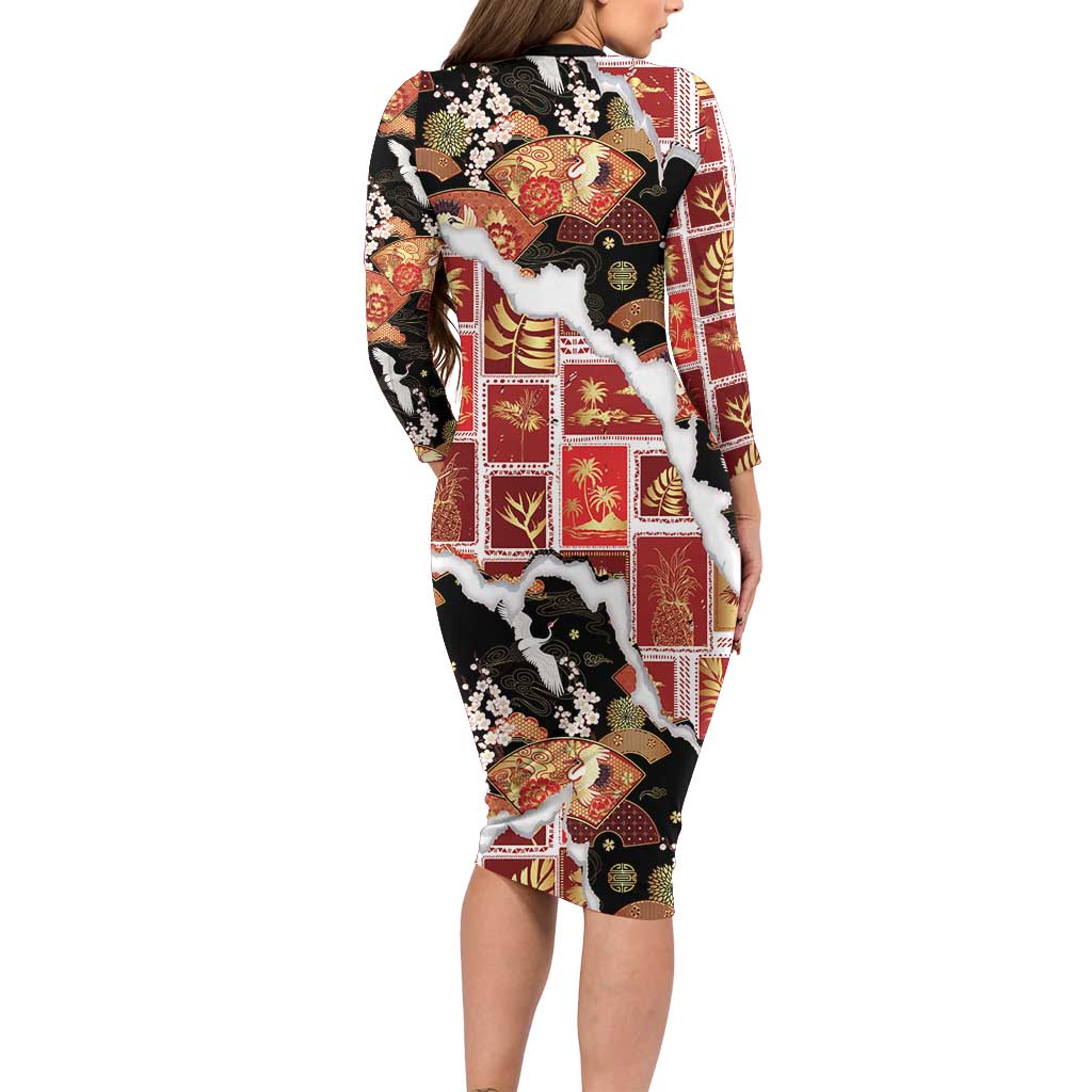 Hawaii Japanese Culture Black Long Sleeve Bodycon Dress Spring Cranes Aloha Pattern