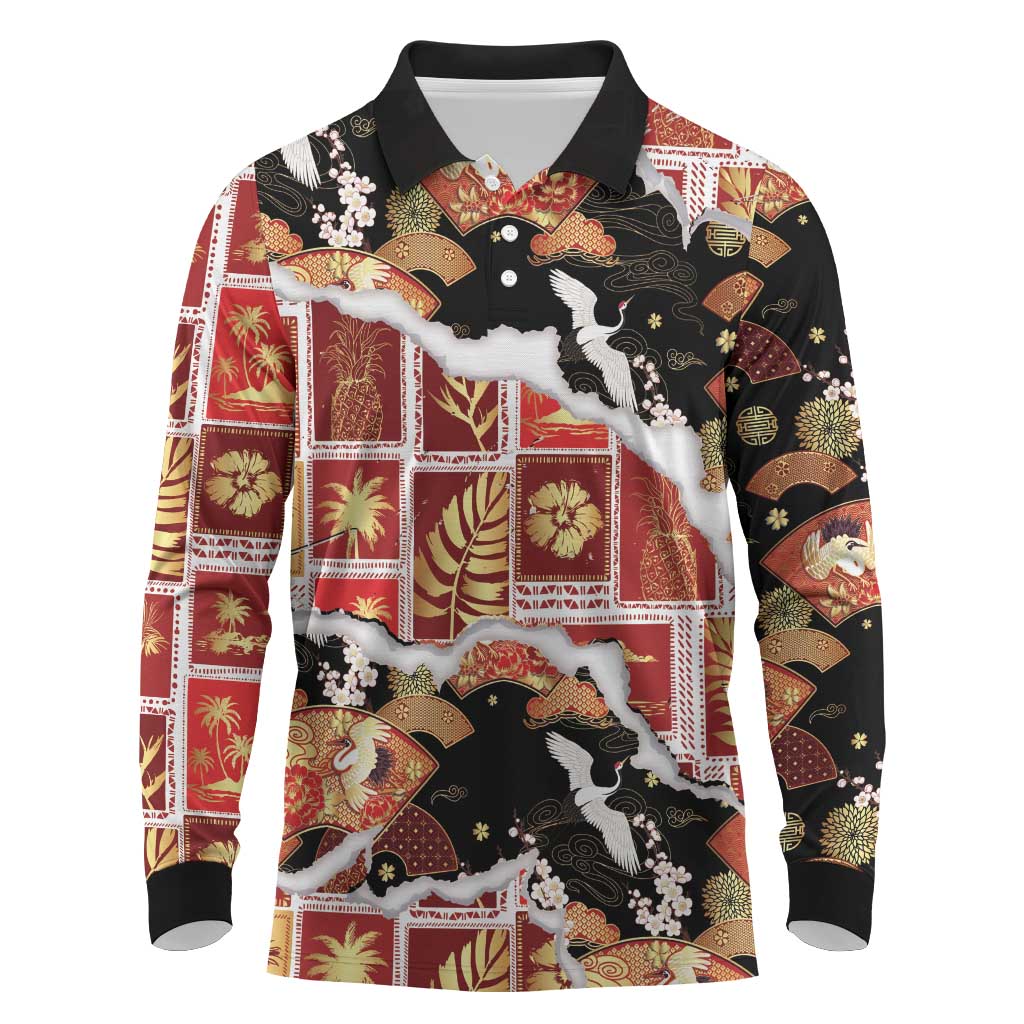 Hawaii Japanese Culture Black Long Sleeve Polo Shirt Spring Cranes Aloha Pattern