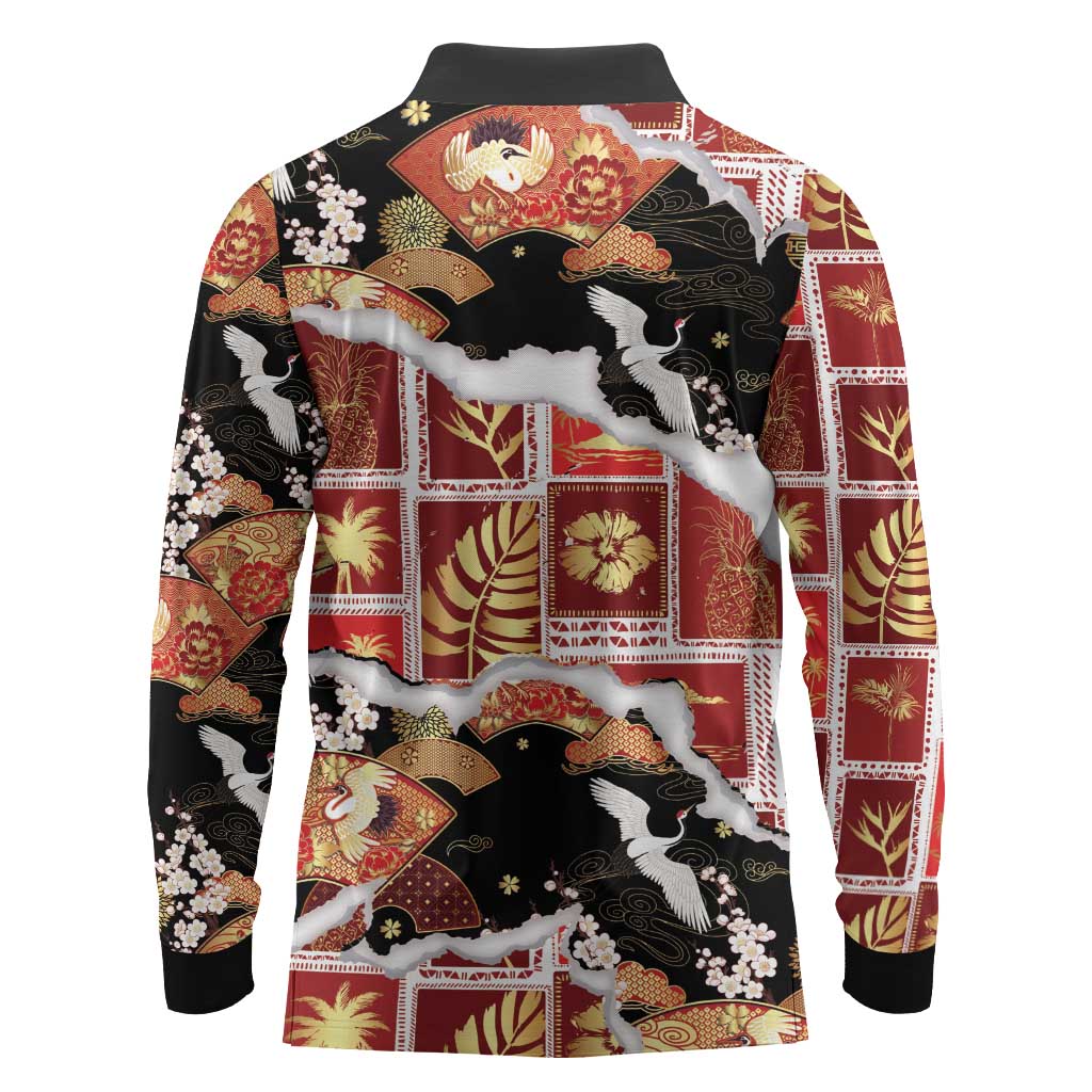 Hawaii Japanese Culture Black Long Sleeve Polo Shirt Spring Cranes Aloha Pattern