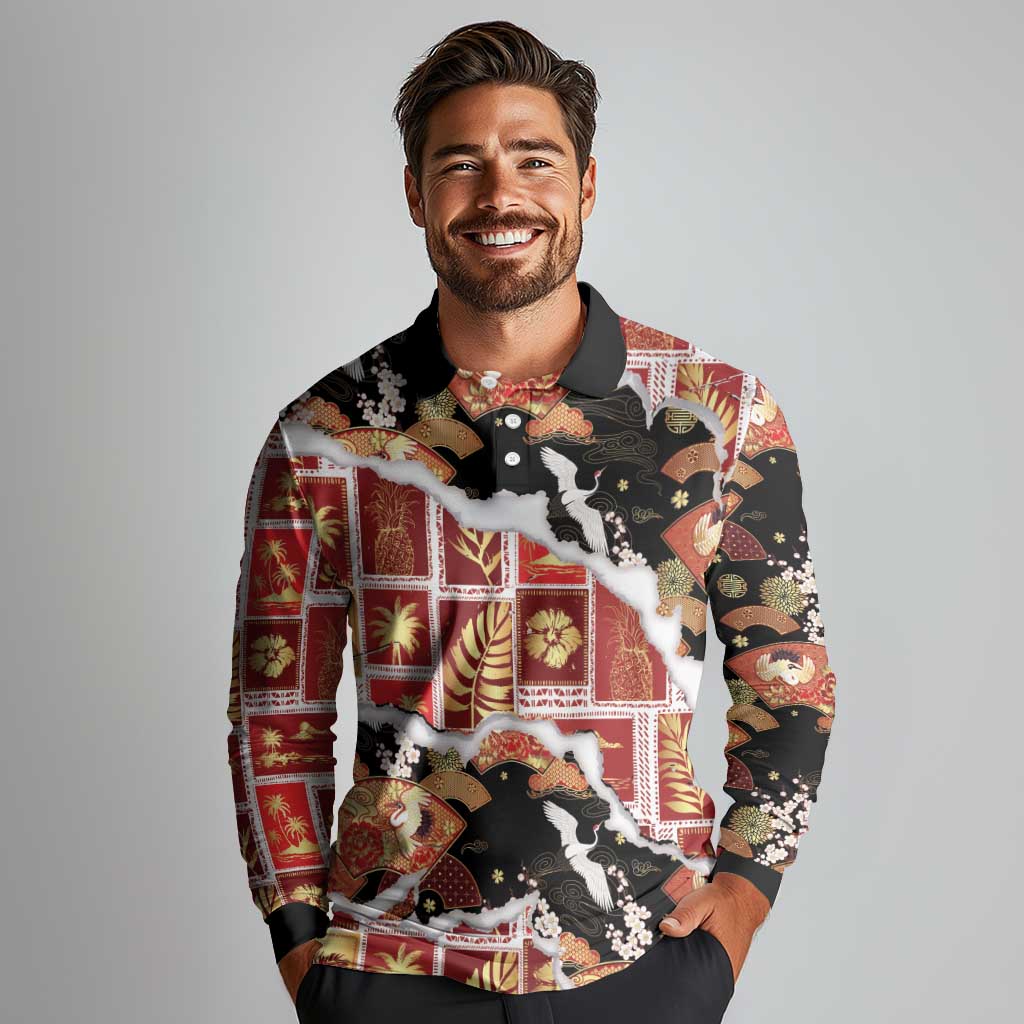 Hawaii Japanese Culture Black Long Sleeve Polo Shirt Spring Cranes Aloha Pattern