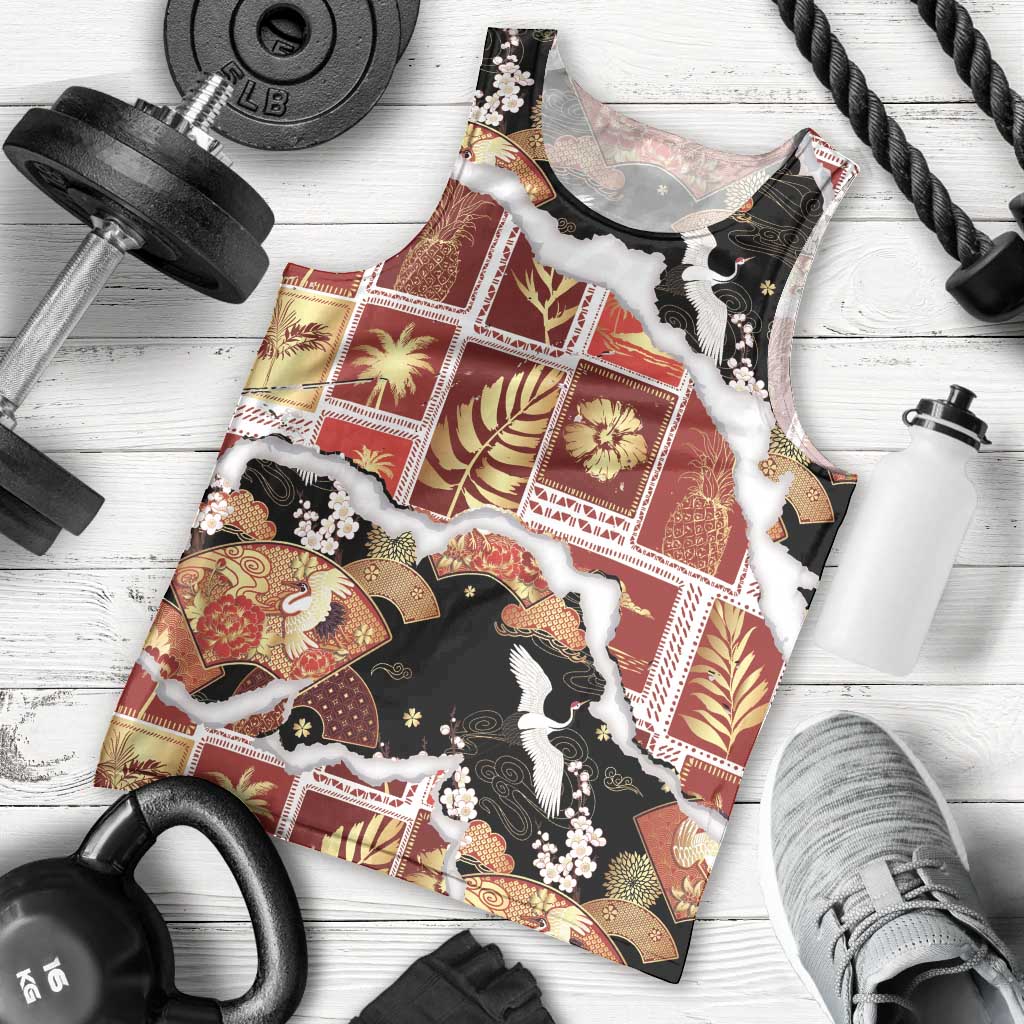 Hawaii Japanese Culture Black Men Tank Top Spring Cranes Aloha Pattern