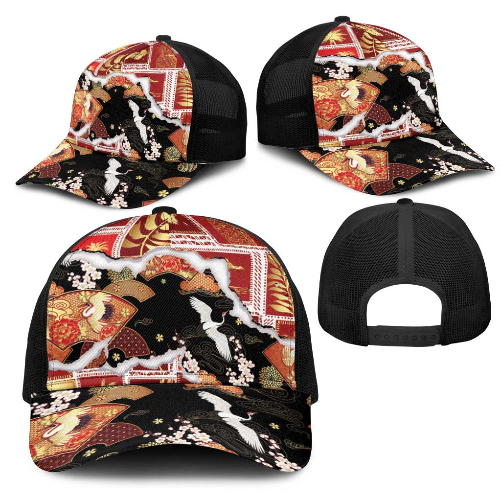 Hawaii Japanese Culture Black Mesh Trucker Cap Spring Cranes Aloha Pattern